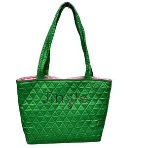 Quacker Factory Quilted Christmas Festive Beading Jingle Green Tote w Pink Polka